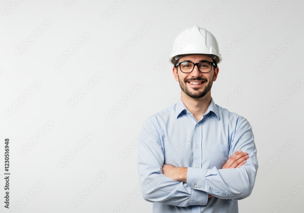 A professional man wearing glasses a white hard hat, and a light blue shirt with sleeves rolled up isolated on a white background A professional man wearing glasses a white hard hat, and a light blue shirt with sleeves rolled up isolated on a white background