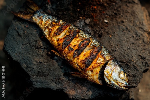 Grilled fish delights over open flames in a rustic outdoor setting at sunset photo