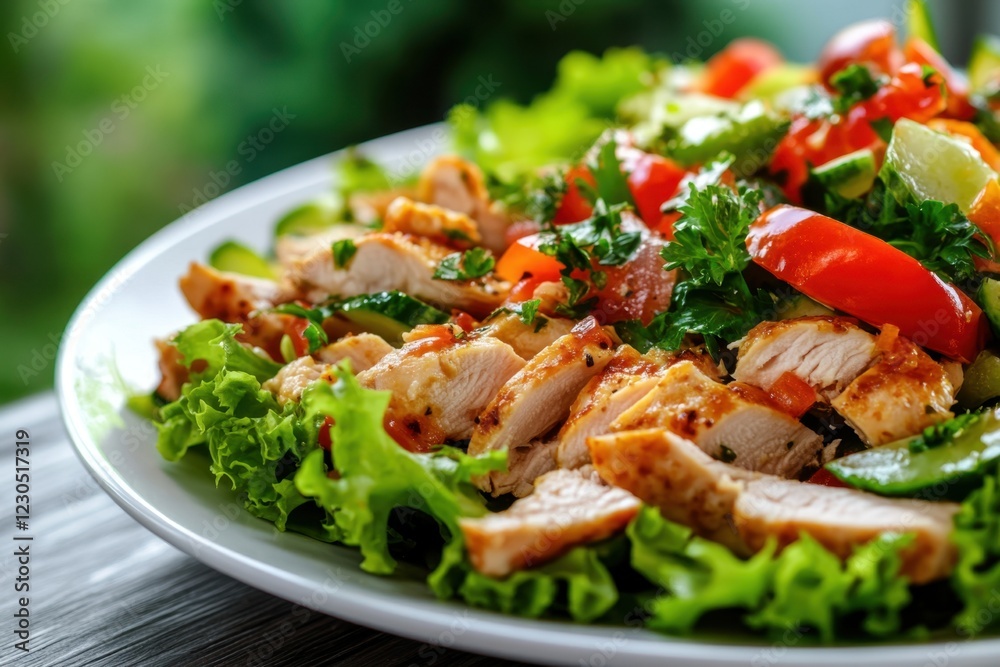 Appetizing summer salad with meat, tomatoes, lettuce and a variety of herbs, healthy summer breakfast in a white plate on a wooden table, healthy food concept, weight loss dishes Appetizing summer salad with meat, tomatoes, lettuce and a variety of herbs, healthy summer breakfast in a white plate on a wooden table, healthy food concept, weight loss dishes