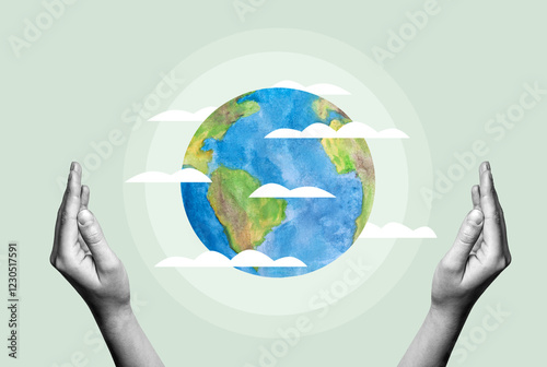 Environmental protection. Earth in hands on pale green background. Earth Day. Collage