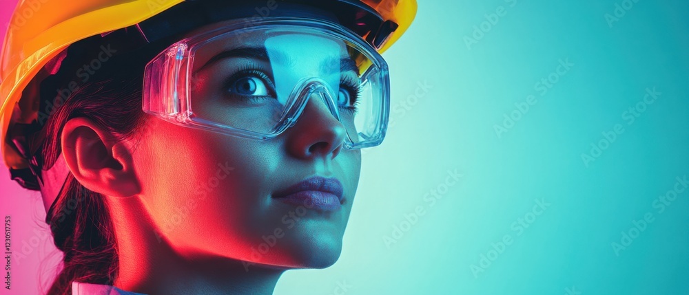 Young woman engineer wearing safety glasses and hard hat, looking up with hope Concept of construction, engineering, and STEM careers Young woman engineer wearing safety glasses and hard hat, looking up with hope Concept of construction, engineering, and STEM careers