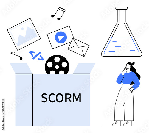 SCORM package containing icons for images, videos, code, music notes, and emails woman thinking, laboratory flask. Ideal for e-learning, content creation, multimedia science education digital