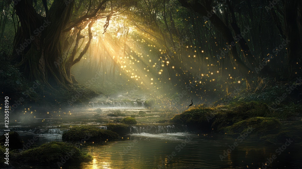 Magical forest stream, sun rays, fireflies. Fantasy background for games Magical forest stream, sun rays, fireflies. Fantasy background for games