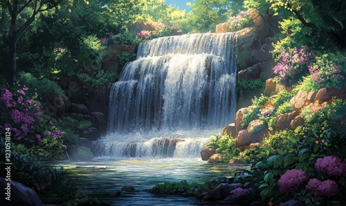 Serene waterfall cascading into a tranquil pool, surrounded by lush greenery and vibrant flowers in a sun-drenched forest.