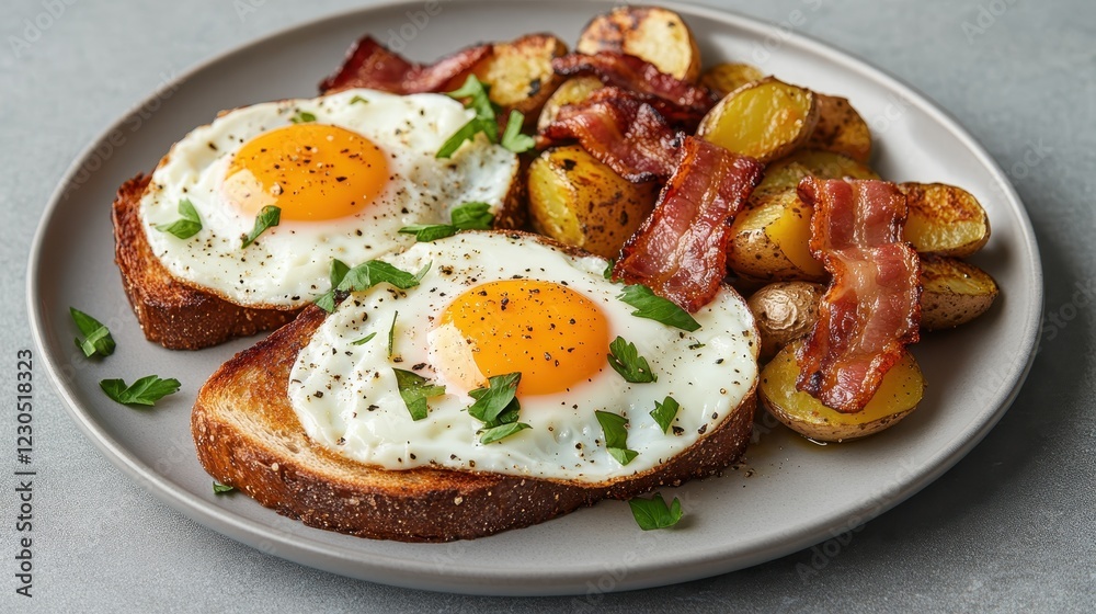 A hearty breakfast plate featuring sunny-side-up eggs, crispy bacon, and roasted potatoes, providing the perfect start to the day for lovers of traditional breakfast fare. A hearty breakfast plate featuring sunny-side-up eggs, crispy bacon, and roasted potatoes, providing the perfect start to the day for lovers of traditional breakfast fare.