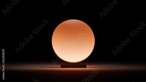 3d rendering of a round, orange-colored lamp on a black background. the lamp is placed on a wooden base with a thin, rectangular base. photo