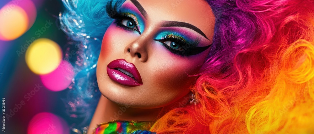 Closeup portrait of a glamorous drag queen with vibrant rainbow hair and colorful makeup, posing with confidence in a festive, bokehlit setting Concept of performance, artistry, and selfexpression Closeup portrait of a glamorous drag queen with vibrant rainbow hair and colorful makeup, posing with confidence in a festive, bokehlit setting Concept of performance, artistry, and selfexpression