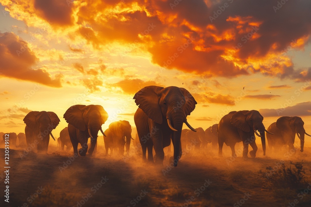 Fototapeta premium A group of elephants walks across a dusty savannah as the sun sets, casting beautiful silhouettes against a fiery sky. Their movements blend with the evening glow
