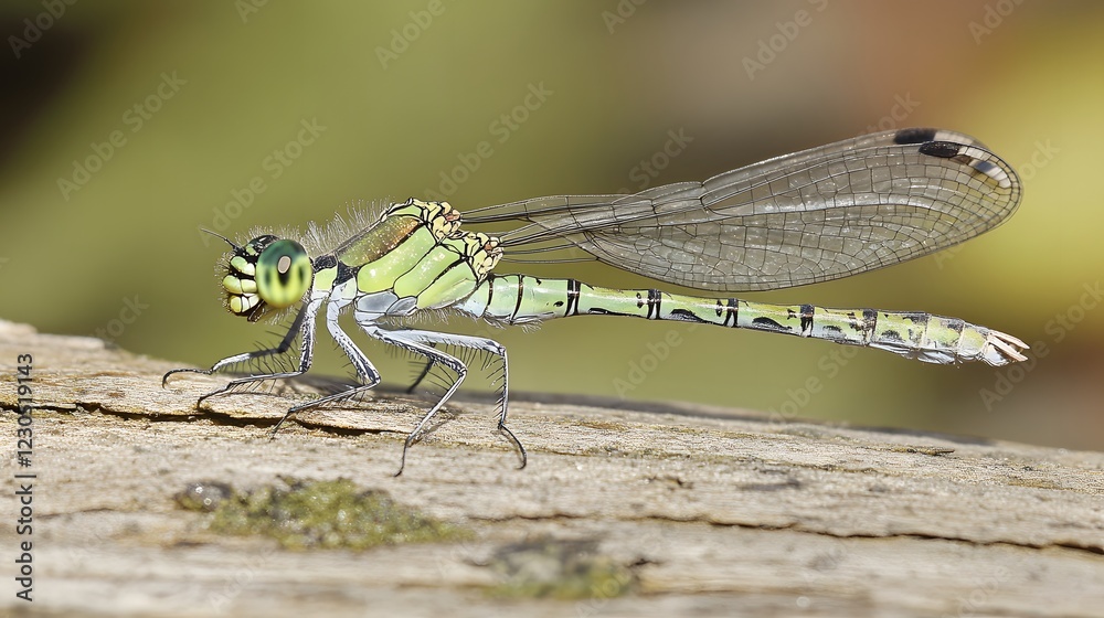 Stunning Green Damselfly on Wood Closeup Macro Photography Stunning Green Damselfly on Wood Closeup Macro Photography