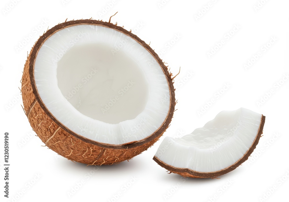 A cracked coconut shell with white flesh inside accompanied by a separate wedge-shaped piece isolated on a white background