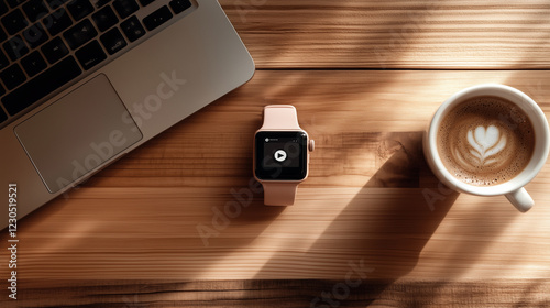 A smartwatch with a pink strap displaying a media notification, placed on a wooden desk alongside a laptop and a cup of coffee, symbolizing digital connectivity, productivity, and modern lifestyle. photo