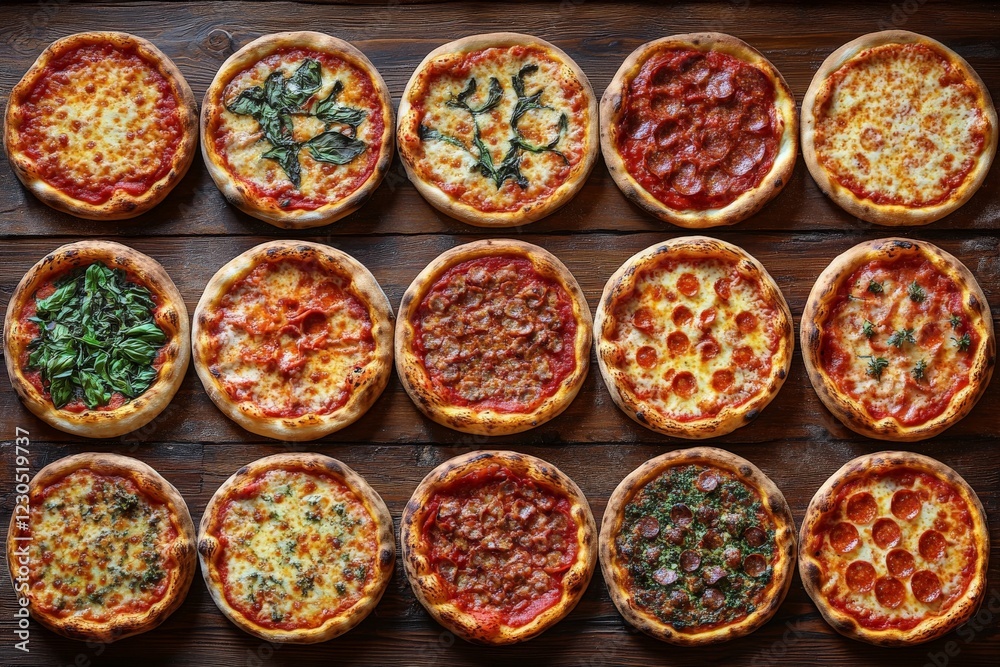 Creative assortment of various pizza varieties displayed on wooden table in a cozy restaurant setting Creative assortment of various pizza varieties displayed on wooden table in a cozy restaurant setting