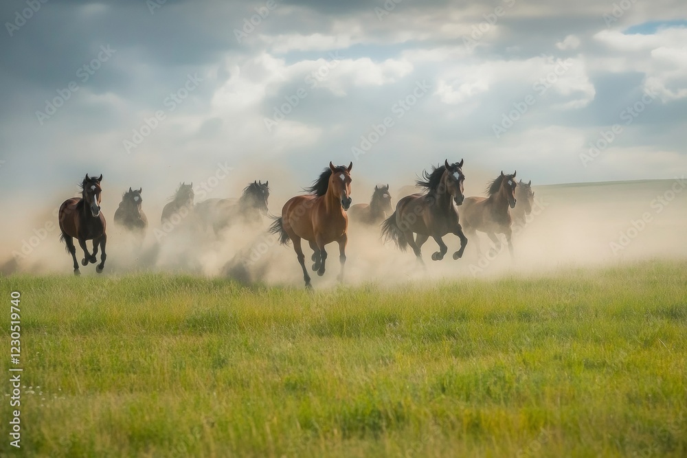 Obraz premium A group of wild horses races across a grassy expanse, their powerful strides kicking up dust clouds. The moment captures the energy and wild spirit of nature on a beautiful day