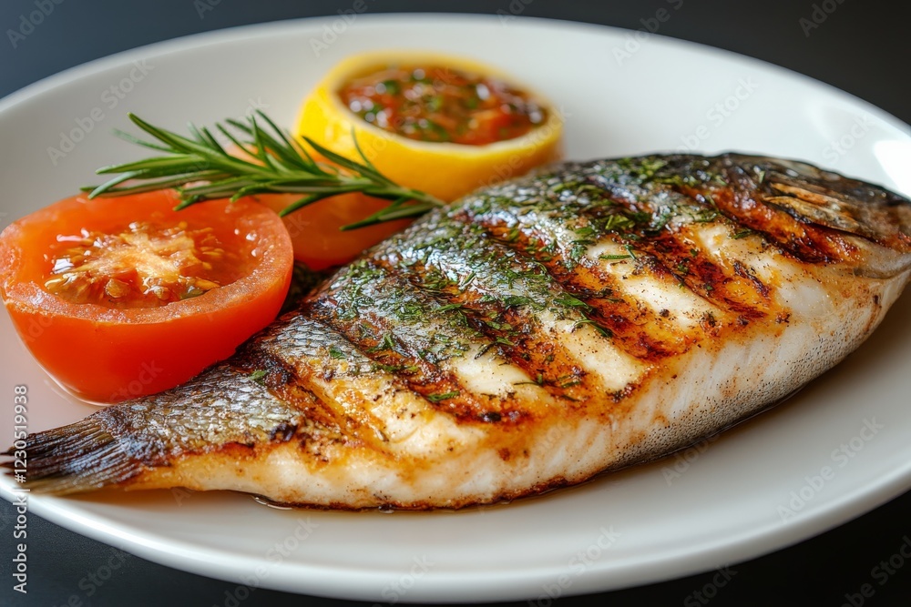 Grilled fish served with fresh tomatoes and lemon slices on a white plate Grilled fish served with fresh tomatoes and lemon slices on a white plate