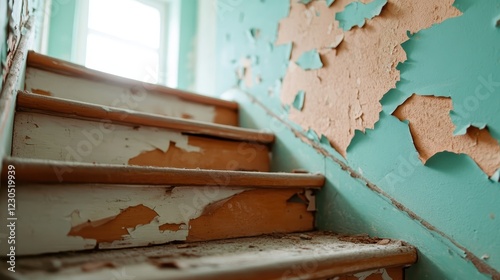 An evocative image of an old staircase, featuring vibrant peeling walls and accumulated dust, reflecting the passage of time and forgotten stories within a space. photo