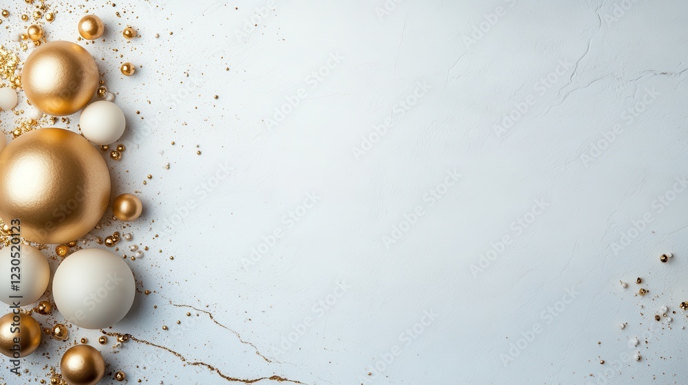 Fototapeta premium Scattered golden spheres on a soft blue backdrop, combining elegance with a playful touch, ideal for modern design concepts emphasizing creativity and lightness.