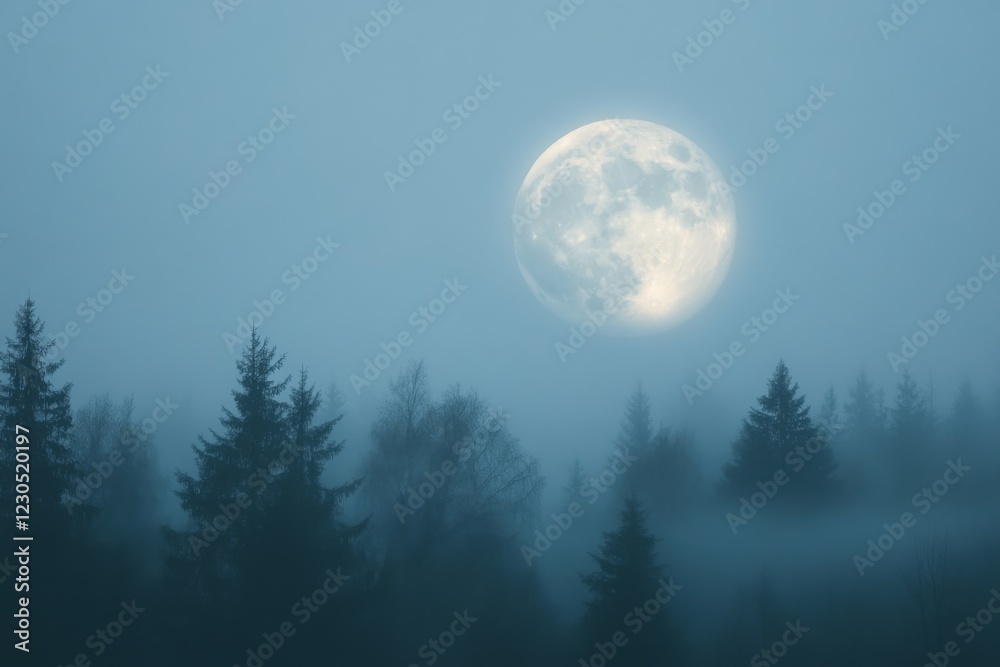 Fototapeta premium Full Moon Over Misty Forest