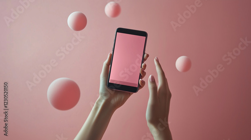 A futuristic image of a woman holding a smartphone with a glowing pink screen, surrounded by floating abstract spheres, symbolizing digital technology, connectivity, and modern communication. photo