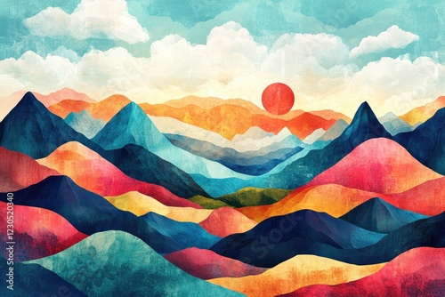 Abstract landscapes with stylized mountains and valleys, incorporating bold colors and geometric shapes to create a surreal and imaginative scene