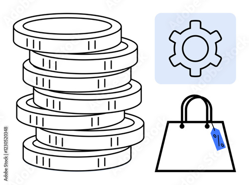 Stack of coins, gear mechanism, and shopping bag with sale tag. Ideal for themes in finance, savings, investments, economic growth, commerce technology integration manufacturing. Abstract line flat photo