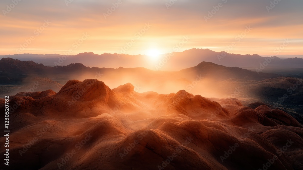 The sun sets behind ethereal mountain peaks, creating a misty atmosphere that envelops the landscape in a dreamy, tranquil ambiance of nature's beauty. The sun sets behind ethereal mountain peaks, creating a misty atmosphere that envelops the landscape in a dreamy, tranquil ambiance of nature's beauty.