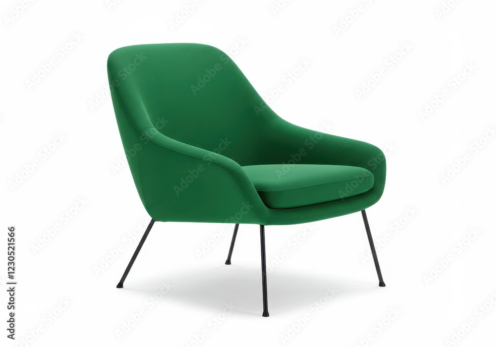 A sleek modern armchair with a green upholstered seat and backrest isolated on a white background A sleek modern armchair with a green upholstered seat and backrest isolated on a white background