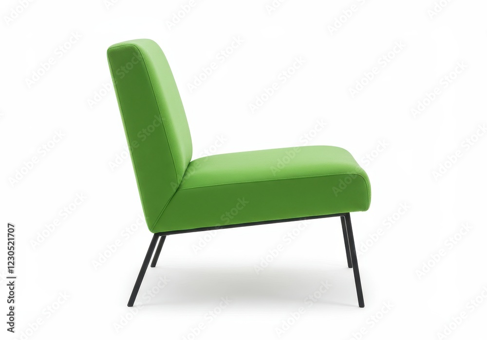 Fototapeta premium A sleek modern armchair with a green upholstered seat and backrest isolated on a white background