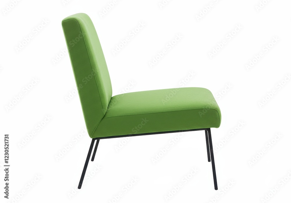 A sleek modern armchair with a green upholstered seat and backrest isolated on a white background A sleek modern armchair with a green upholstered seat and backrest isolated on a white background