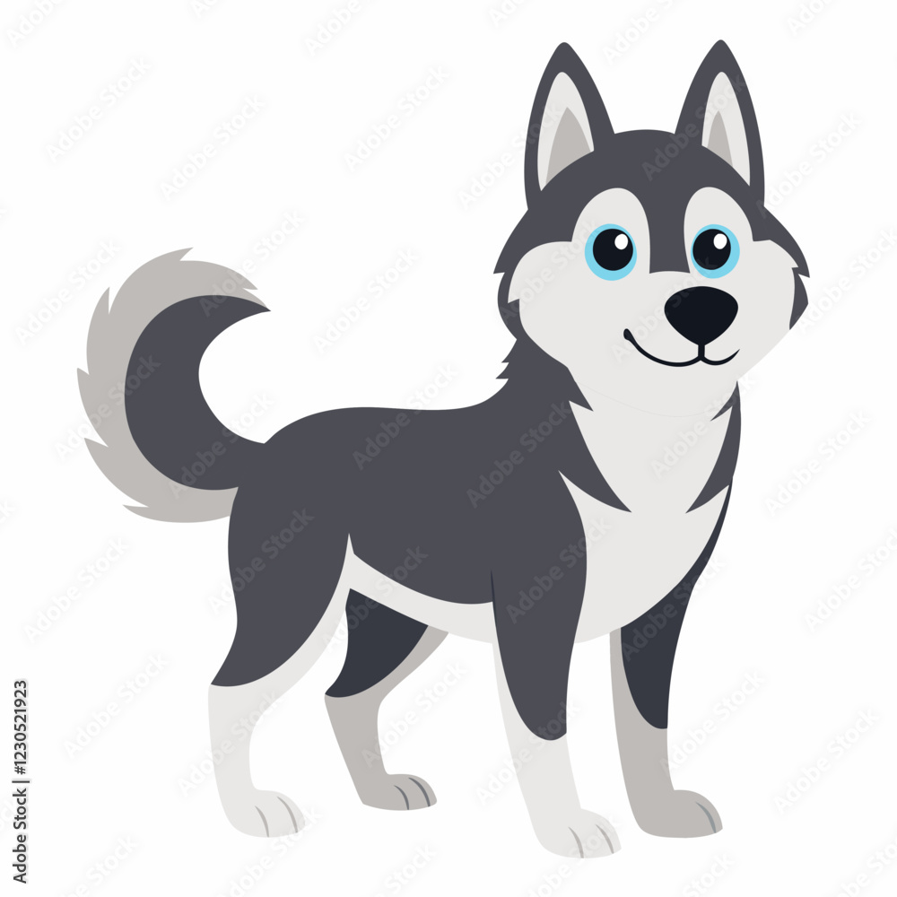 Cute cartoon husky dog isolated on white background. Suitable for education poster infographic guide catalog, logo, children's books flat style. Side view. Vector illustration. Cute cartoon husky dog isolated on white background. Suitable for education poster infographic guide catalog, logo, children's books flat style. Side view. Vector illustration.