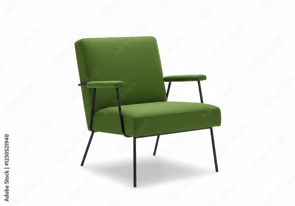 A sleek modern armchair with a green upholstered seat and backrest isolated on a white background A sleek modern armchair with a green upholstered seat and backrest isolated on a white background