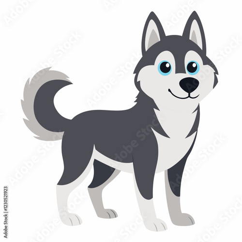 Cute cartoon husky dog ​ isolated on white background. Suitable for education poster infographic guide catalog, logo, children's books flat style. Side view. Vector illustration.