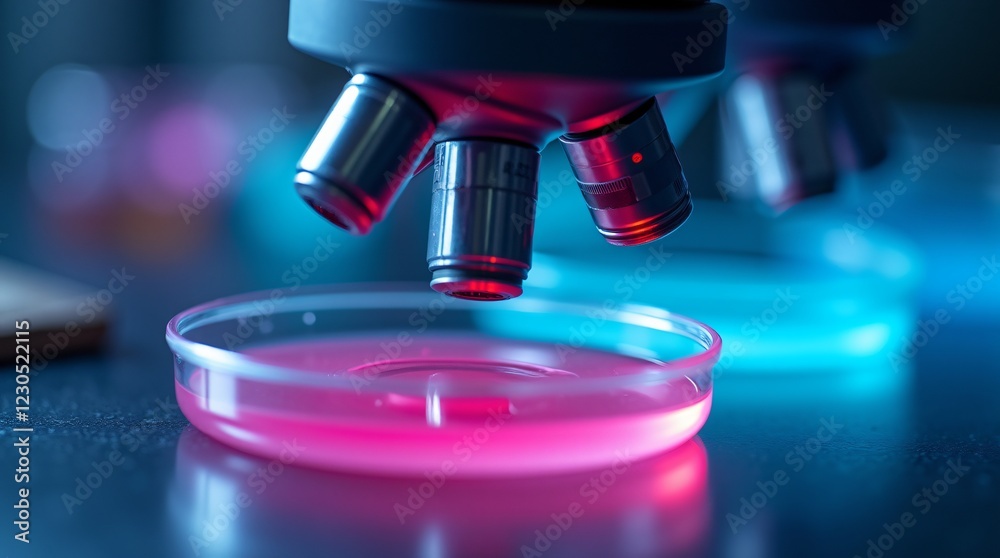 a close-up view of a microscope positioned above a Petri dish. a close-up view of a microscope positioned above a Petri dish.