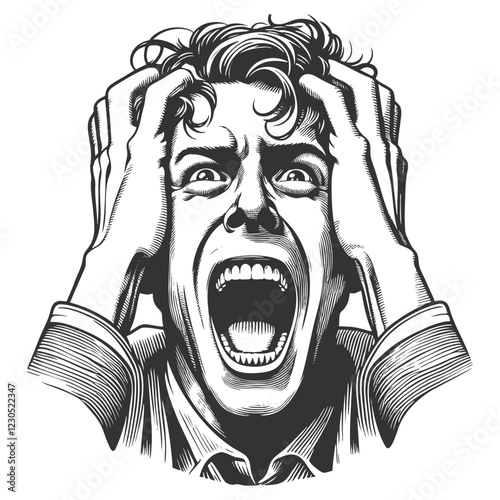 Dramatic Crying Man engraving vector illustration