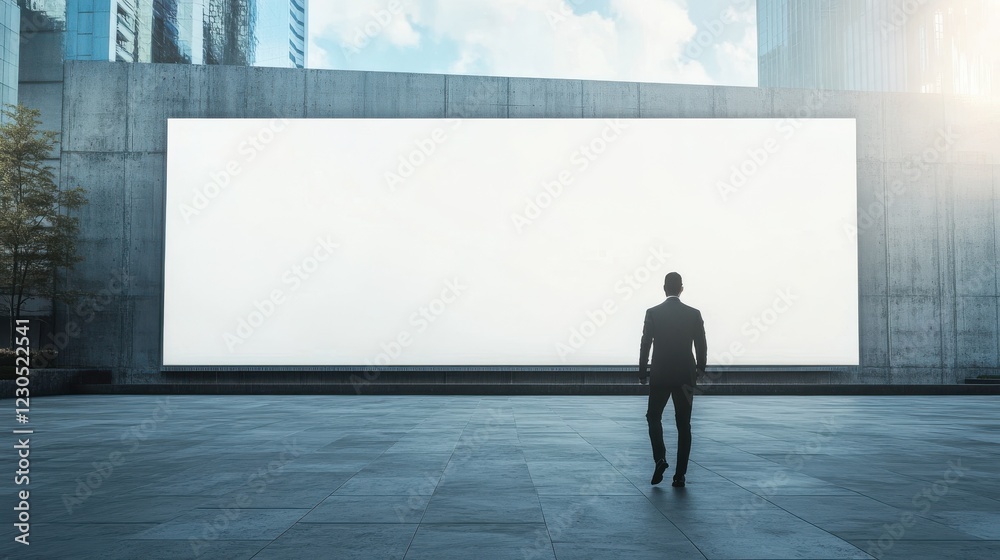 Businessman passing by big blank white billboard on light grey ceramic tale floor on a street near modern business center Businessman passing by big blank white billboard on light grey ceramic tale floor on a street near modern business center