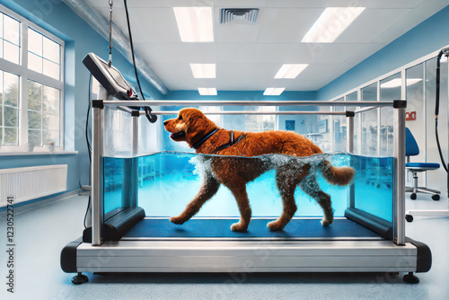 Golden retriever using an underwater treadmill for rehabilitation therapy in a modern veterinary clinic