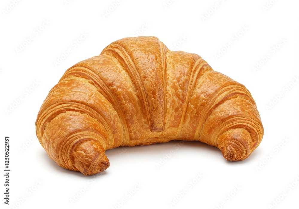 A freshly baked golden brown croissant with a flaky texture and crescent shape isolated on a white background A freshly baked golden brown croissant with a flaky texture and crescent shape isolated on a white background