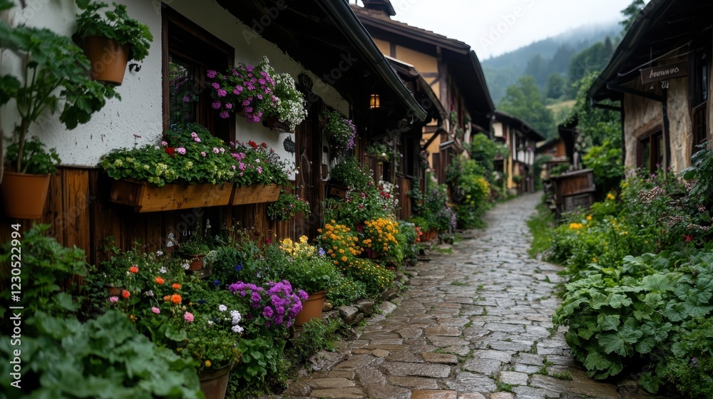 A picturesque cobblestone path lined with vibrant flowers and rustic homes, evoking a sense of tranquility and charm in a peaceful village setting amidst nature. A picturesque cobblestone path lined with vibrant flowers and rustic homes, evoking a sense of tranquility and charm in a peaceful village setting amidst nature.