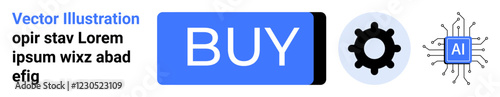 Blue BUY button, gear icon, AI microchip icon, sample text in blue. Ideal for e-commerce, technology, AI, software, shopping, automation, landing page