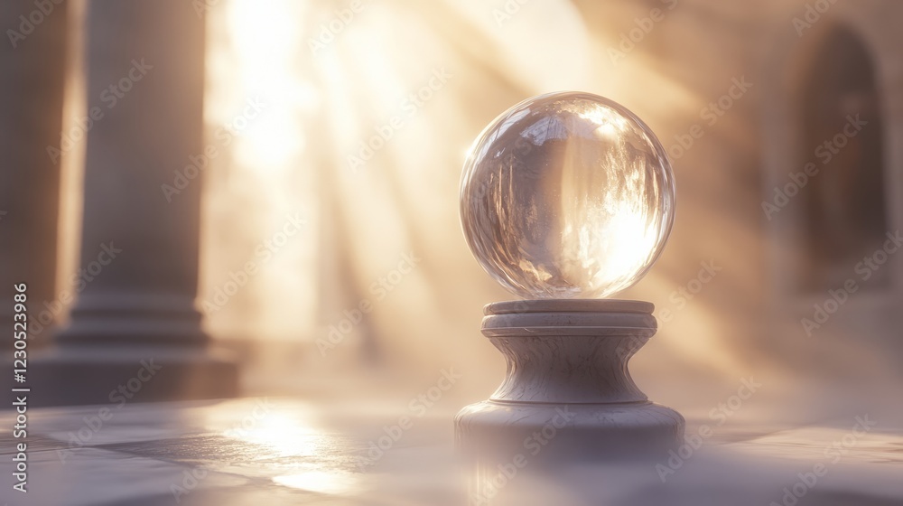 A glowing crystal ball on a pedestal in a sunlit ancient temple, surrounded by mist and ethereal light. A glowing crystal ball on a pedestal in a sunlit ancient temple, surrounded by mist and ethereal light.