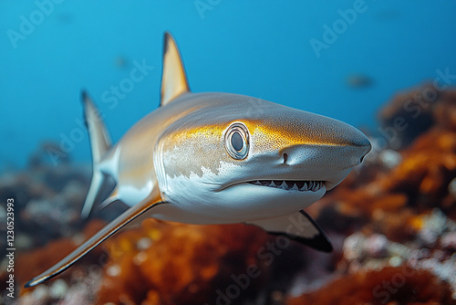 A juvenile whitetip reef shark swims near coral photo