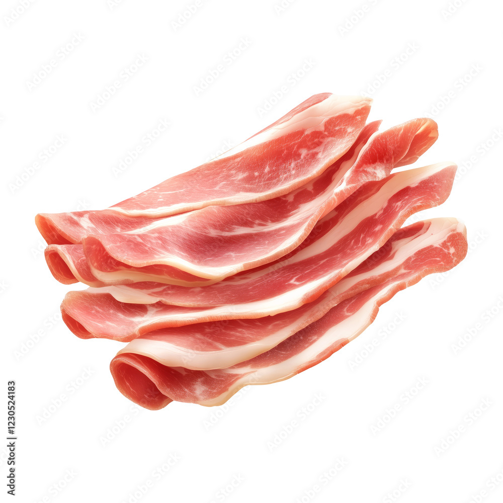 Slices of raw pork bacon Speck with marbled fat isolated on white transparent background, representing cured meat preparation. Slices of raw pork bacon Speck with marbled fat isolated on white transparent background, representing cured meat preparation.