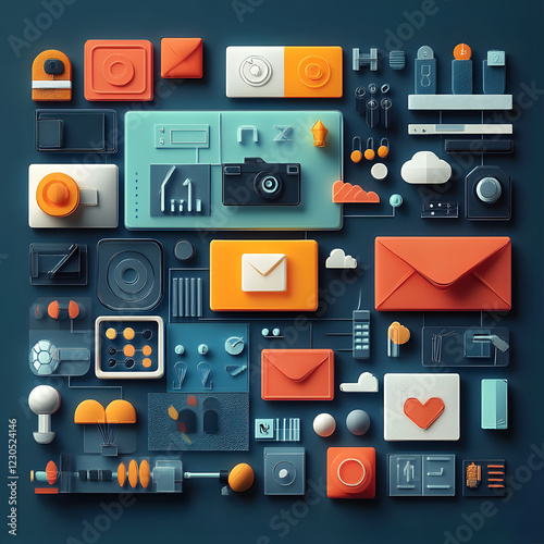 A graphic design featuring various digital tools and icons arranged in an organized layout, such as cameras, computers, text messages, and social media logos