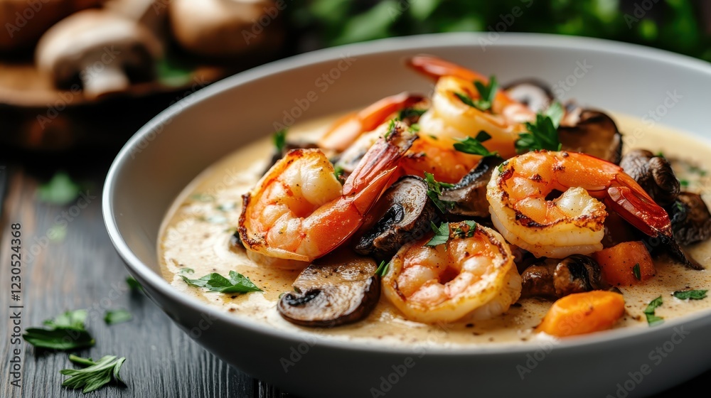 A savory shrimp dish beautifully presented in a creamy sauce, garnished with herbs, making it a delectable addition to any seafood lover's cuisine collection. A savory shrimp dish beautifully presented in a creamy sauce, garnished with herbs, making it a delectable addition to any seafood lover's cuisine collection.