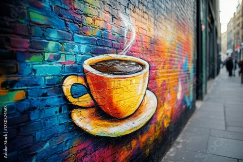 Colorful mural of a steaming coffee cup on a vibrant brick wall in an urban setting