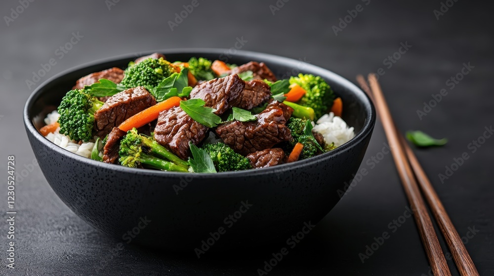 A tasty beef and vegetable bowl that combines juicy beef pieces with broccoli and carrots, beautifully plated over fluffy rice in a stylish black bowl. A tasty beef and vegetable bowl that combines juicy beef pieces with broccoli and carrots, beautifully plated over fluffy rice in a stylish black bowl.