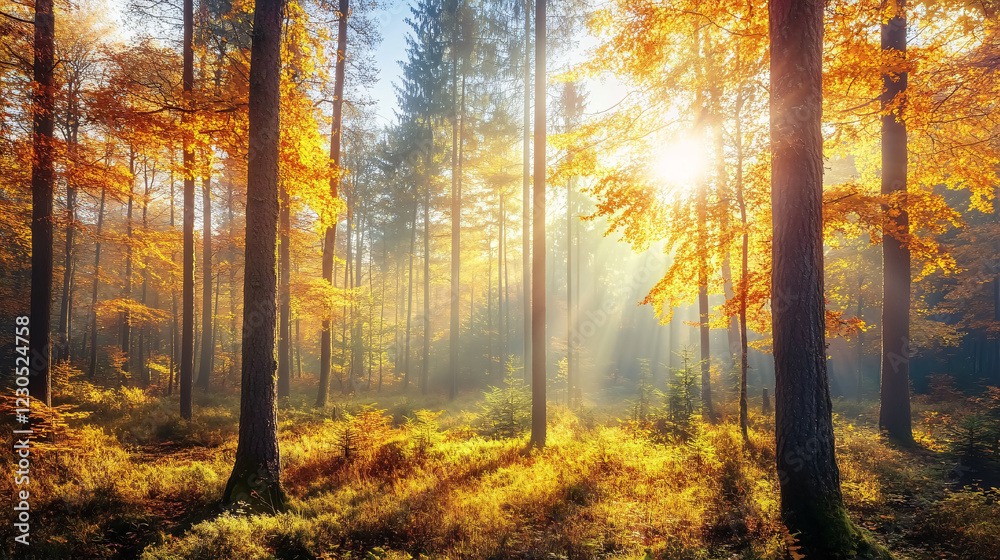 Fototapeta premium A sunlit forest panorama during autumn.