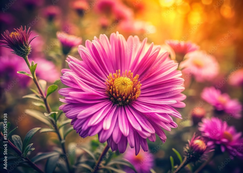 Obraz premium Vintage Style Close-up of Vibrant Purple Symphyotrichum Autumn Flowers in a Garden - Macro Floral Background
