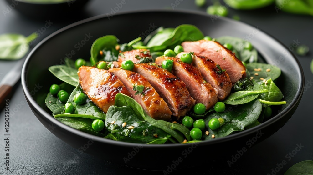 An exquisite platter of duck breast garnished over a fresh spinach salad with peas, epitomizing sophistication in culinary presentation and flavor.