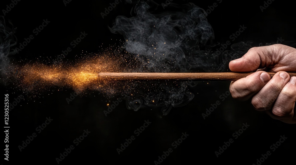 A hand thrusts a wand forward, emitting vibrant sparks and intricate smoke patterns, evoking a sense of motion and the exhilarating power of creativity and enchantment. A hand thrusts a wand forward, emitting vibrant sparks and intricate smoke patterns, evoking a sense of motion and the exhilarating power of creativity and enchantment.