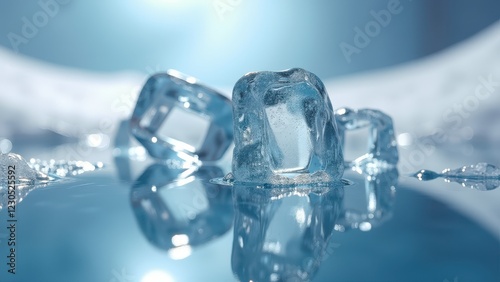 Fresh ice cubes melting on a reflective wet surface with soft natural lighting	